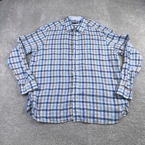 Johnston and Murphy‎ Shirt Mens XL Blue Grey Stripes Linen Lightweight Button Up